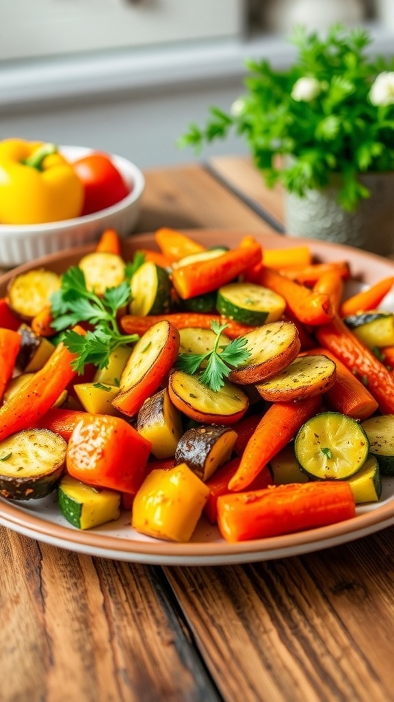 Crispy Air Fryer Baked Vegetables Recipe Crispy air fryer baked vegetables including bell peppers, zucchini, and carrots, garnished with parsley on a wooden table.
